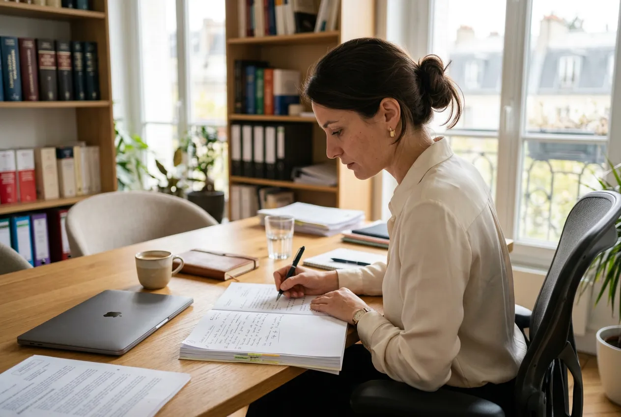 Une juriste analyse un dossier dans un bureau lumineux